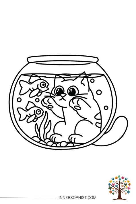 Cat Looking at Aquarium - Coloring Page The Aquarium, Funny Scenes, Curious Cat, Fish Swimming, Love Animals, Cool Coloring Pages, The Fish, Free Coloring Pages, Young Artist