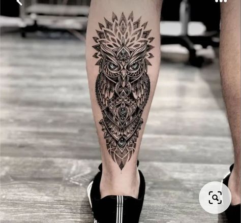 Geometric Animal Tattoo Sleeve, Geometric Owl Tattoo Design For Men, Owl Calf Tattoo Men, Tattoo For Leg For Men, Small Calf Tattoo Men, Owl Tattoo Leg, Geometric Animal Tattoo Design, Legs Tattoo Men Ideas Design, Leg Tats For Men