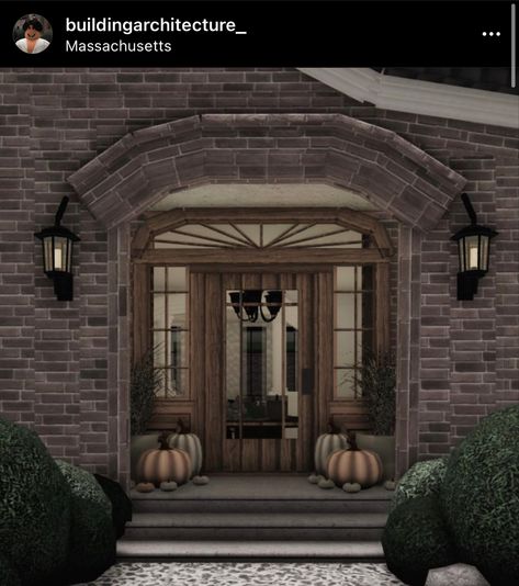 Bloxburg Houses Dark Acedemia, Detailed Bloxburg Exterior, Houses From Outside, Front Door Bloxburg, Bloxburg City Ideas Layout, Bloxburg Fireplace Ideas, Bloxburg Dark Academia House, Bloxburg Autumn House Exterior, Grunge Bloxburg House