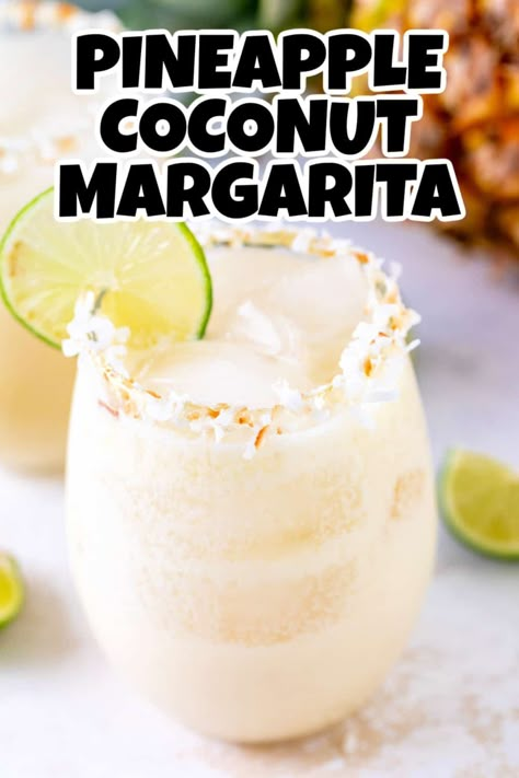 This Pineapple Coconut Margarita is a tropical twist on a classic cocktail. It’s fruity, tart, and tangy, sweetened to your tastes, and finished with a delicious toasted coconut rim. Boozy Drinks | Fancy Drinks | Summer Drinks | Summer Cocktails | Cocktail Drinks | Cocktail Recipes | Summer Cocktails | Coconut Margarita | Margarita Recipe | Pineapple Margarita | Tequila Drink | Tequila Coconut Cocktails, Coconut Cream Margarita, Drinks With Coconut Tequila, Coconut Cream Cocktail Recipes, Coconut Cream Cocktail, Coconut Tequila Drinks 1800, Drinks With Coconut Cream, Easy Margaritas, Pineapple Coconut Margarita