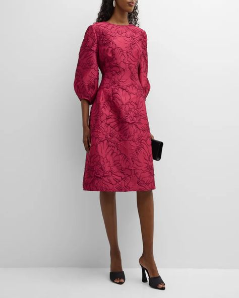 Get free shipping on Rickie Freeman for Teri Jon Blouson-Sleeve Floral Jacquard Midi Dress at Neiman Marcus. Shop the latest luxury fashions from top designers. Teri Jon, Plus Size Designers, Jewel Neckline, Floral Jacquard, Jacquard Dress, Gowns Of Elegance, Groom Dress, Blue Midi Dress, Professional Cleaning