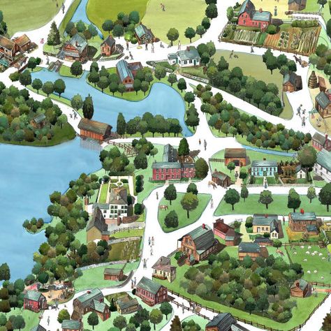 Lifestyle Illustrations, Sturbridge Village, Village Map, Architectural Illustration, Illustration Architecture, Living History Museum, Old School Style, Dream Vacations Destinations, Lifestyle Illustration