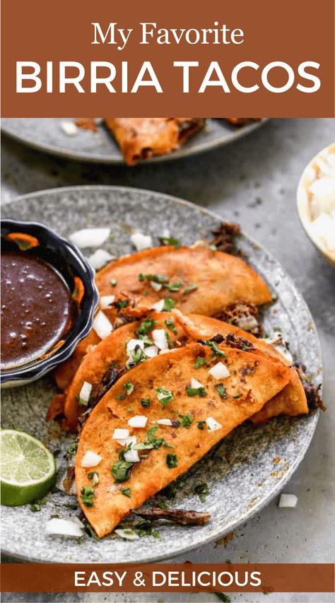 These Birria Tacos are the best! Made with tender beef on the stove top or slow-cooked in the crockpot, and pan-fried to perfection. A simple and easy recipe that's full of flavor and perfect for taco season. Great for a fun street taco night or a delicious Mexico-inspired meal. Try this easy Birria Tacos recipe today and enjoy a new favorite dinner! Easy Birria Tacos, Crockpot Birria, Taco Season, Birria Tacos Recipe, Beef Birria Recipe, Birria Recipe, Beef Birria, Mexican Stew, Street Taco