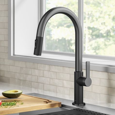 Kraus Oletto Matte Black Spot Free Black Stainless Steel Single Handle Pull-down Kitchen Faucet with Sprayer in the Kitchen Faucets department at Lowes.com Kitchen Faucet With Sprayer, Brass Kitchen Faucet, Black Faucet, Black Kitchen Faucets, Single Handle Kitchen Faucet, Delta Faucets, Grey Kitchens, Faucet Handles, Kitchen Sink Faucets