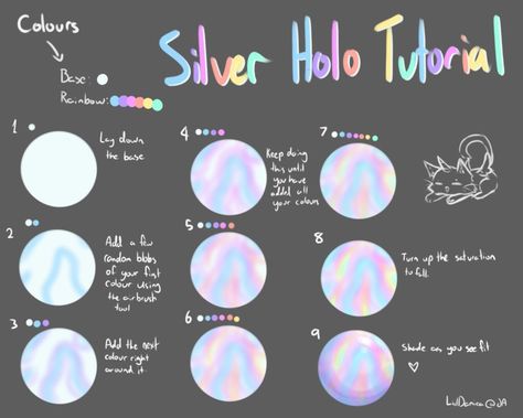 Silver Holo Tutorial by LiilDanica Hologram Tutorial Digital Art, Hologram Drawing Tutorial, How To Draw Hologram Effect, How To Paint Holographic, How To Shade Silver Digitally, Holographic Clothes Drawing Tutorial, Holographic Digital Art Tutorial, How To Paint Silver Digital, How To Color Holographic Digital