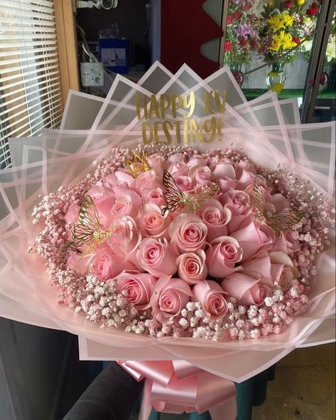 Pink Roses Bouquet Gift Birthday, Ramo Flowers For Quince, Ramo Flower Bouquet, Birthday Flower Arrangements Gift Ideas, Fake Bouquet Of Flowers, Glitter Flower Bouquet, 20 Roses Bouquet, 25 Roses Bouquet, Quinseñeras Ideas