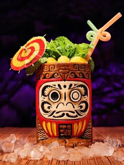 Tiki Mug: Daruma Mug - by Tiki Farm - for Tiki Tatsu-Ya | mytiki.life Shochu, Tiki Mug, Tiki Cocktails, Farm Design, Swizzle Sticks, Cocktail Glass, Tiki Bar, The Bar, Mug Cup