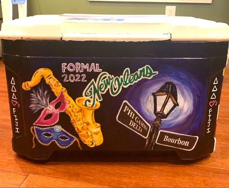 Formal Cooler Ideas Nola, New Orleans Cooler Formal, New Orleans Formal Cooler, Frat Coolers Formal Nola, Frat Flask Painted, New Orleans Frat Cooler, Frat Coolers Nola, New Orleans Cooler, Nola Cooler Formal