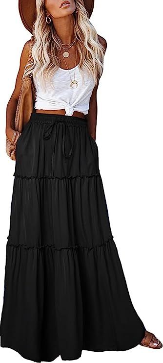 EARKOHA Womens Casual High Waist Tiered Paisley Print Long Maxi Skirt with Pockets Work Parties, Printed Long Skirt, Flowy Style, Maxi Rok, T Shirt Crop Top, Pleated Maxi Skirt, Beach Skirt, Long Maxi Skirts, Pleated Maxi