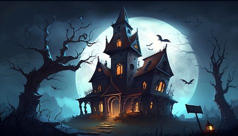 Photo a halloween card with a haunted ho... | Premium Photo #Freepik #photo #halloween-illustration #haunted-house #halloween-house #halloween-castle Haunted House Cartoon, The Moon Background, Castle Cartoon, Rider Wallpaper, Halloween Castle, Spooky Castles, Ghost Rider Wallpaper, Moon Background, Photo Halloween