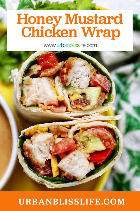 This Honey Mustard Chicken Wrap recipe is perfect for a portable and satisfying lunch or dinner on-the-go. Get the easy recipe at UrbanBlissLife.com. Chicken Wrap Sandwiches, Lunch Wraps Make Ahead, Honey Mustard Chicken Wrap, Honey Mustard Turkey, Chicken Wrap Recipe, Grilled Chicken Wraps, Bbq Chicken Wraps, Turkey Bacon Wrap, Honey Mustard Recipes