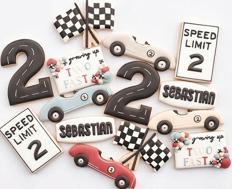 g r o w i n g u p t w o f a s t c o o k i e s 🏁🏎 🏆 number 2 inspo from the super talented @maisonscustomcookies | Instagram 2 Fast 2 Curious Cookies, Two Fast Cookies Birthday, Fast One Cookies, Two Fast Birthday Cookies, Race Car Birthday Cookies, Two Fast Cookies, Race Car Cookies, 2nd Birthday Party For Boys, Mickey Birthday Party