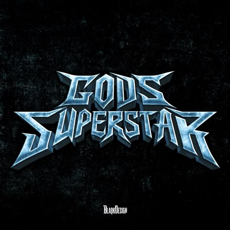 Logo design for Gods Superstar featuring sharp metallic lettering with a three-dimensional effect set against a grunge-style background, highlighting the band's edgy aesthetic in the style of Heavy Metal bands. Discover edgy band logos on Pinterest. Heavy Metal Logo Design, Heavy Metal Graphic Design, Nova Logo Design, Nova Twins, Heavy Metal Font, Liquid Typography, Heavy Metal Aesthetic, Epic Logo, Metal Graphic Design