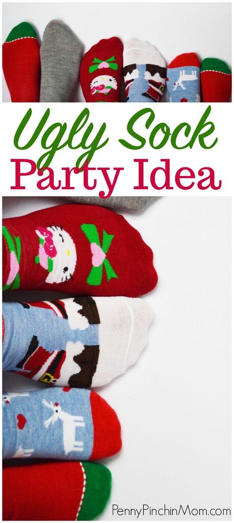 Christmas Party Idea - Host an Ugly Sock Party! Christmas gift idea | Christmas party idea | Fun Christmas party #Christmas #party Sock Party Ideas, Creative Ugly Christmas Sweater, Sock Party, Christmas Socks Exchange, Christmas Party Friends, Mid Winter Christmas, Ugly Christmas Socks, Ladies Christmas Party, Ugly Socks