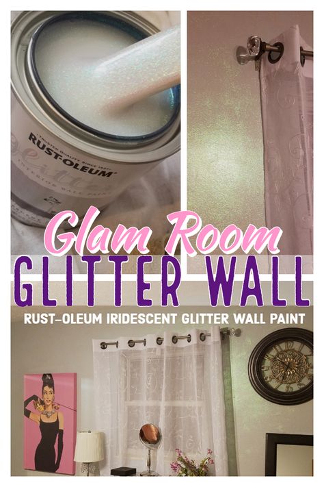 Glitter accent wall using Rust-Oleum Iridescent Glitter Interior Wall Paint Rustoleum Glitter Paint, Rustoleum Iridescent Glitter Wall Paint, Glitter Ceiling Paint Bedroom, Iridescent Paint Walls, Glitter Paint For Walls Bedrooms, Shimmer Paint For Walls, Adding Glitter To Wall Paint, Iridescent Wall Paint, Rustoleum Glitter Paint Wall