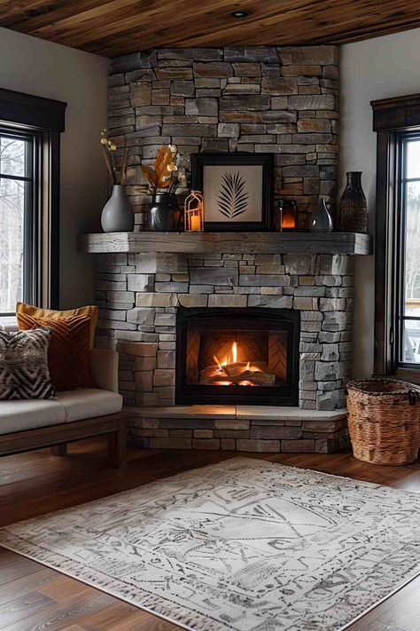 40 Corner Fireplace Ideas to Style Your Living Room Corner Stone Fireplace With Tv, Raised Ranch Fireplace Living Rooms, Basement Corner Fireplace Ideas, Corner Wood Burner Fireplace Ideas, How To Build Corner Fireplace Tv Wall, Pellet Stove Ideas Living Rooms With Tv, Deer Mount Over Fireplace, Corner Stone Fireplace Living Room, Mountain Home Living Room Ideas