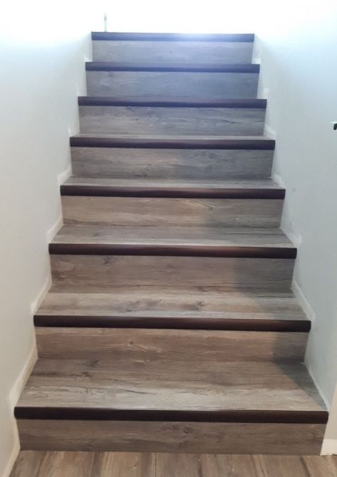 Tired of ugly and uncomfortable metal stair nosings for your vinyl plank?  We build custom stair nosings for all types of LVP even if its not our product.  The Nosing Shop, located with in Michaels Flooring Basement Steps Ideas, Flooring Hallway, Stairs Basement, Laminate Flooring On Stairs, Stairs Vinyl, Basement Stair, Basement Steps, Vinyl Stairs, Vinyl Panels