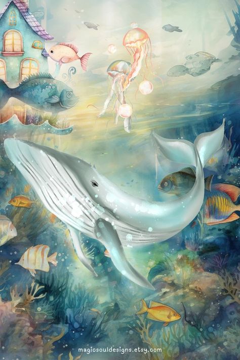 A Beautiful watercolor painting of under the sea world, a whale with other fish i.e jelly fish, zig zag and mermaids with their houses especially painted for decorating girls' nursery and mermaid theme nurseries. Sea Nursery Theme, Mermaid Paintings, Fantasy Prints, Whimsical Mermaid, Fairy Wall Art, Sea Nursery, Mermaid Wall Decor, Magical Mermaid, Mermaid Nursery