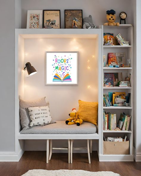 Illuminate your child's world with the enchantment of reading with our vibrant "Books Are Magic" poster! Designed specifically for parents and daycare teachers of toddlers, school aged children and pre-schoolers, this delightful poster serves as a cheerful reminder of the wonders found within the pages of books. Bursting with joyful colors and whimsical illustrations, it's sure to capture the attention of little ones and spark their curiosity for storytelling adventures. Hang it in nurseries, pl Toddler Reading Nooks, Childrens Reading Nook, Playroom Reading Nook, Reading Nook Decor, Reading Nook Closet, Books Are Magic, Cosy Reading Corner, Reading Nook Kids, Kids Rooms Inspo