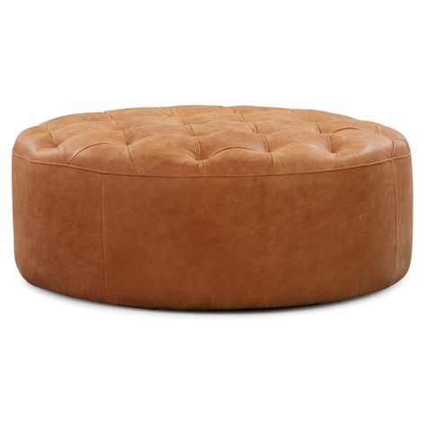 Latitude Run® Gazit 40" Genuine Leather Tufted Round Cocktail Ottoman | Wayfair Coffee Table Pouf, Tufted Leather Ottoman, Round Leather Ottoman, Living Room Pouf, Poly & Bark, Tufted Leather, Ottoman Coffee, Tufted Ottoman, Leather Footstool