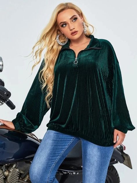 Women Plus Size Quarter Zip Velvet Sweatshirt – Shechubby Velvet Sweatshirt, Womens Trendy Tops, Women Plus Size, Womens Clothing Sizes, Trendy Tops, Sleeve Detail, Quarter Zip, Rib Knit, Plus Size Outfits