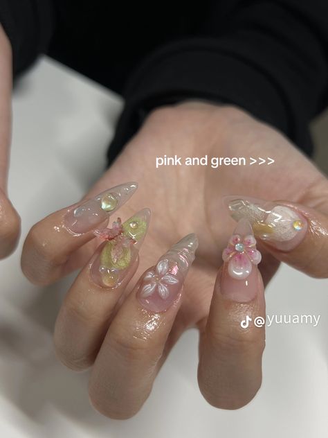 Nail Set Almond, Nails Inspo Acrylic, Almond Stiletto Nails, Floral Spring Nails, Almond Stiletto, Fairy Nails, Soft Coquette, Henna Nails, Summery Nails