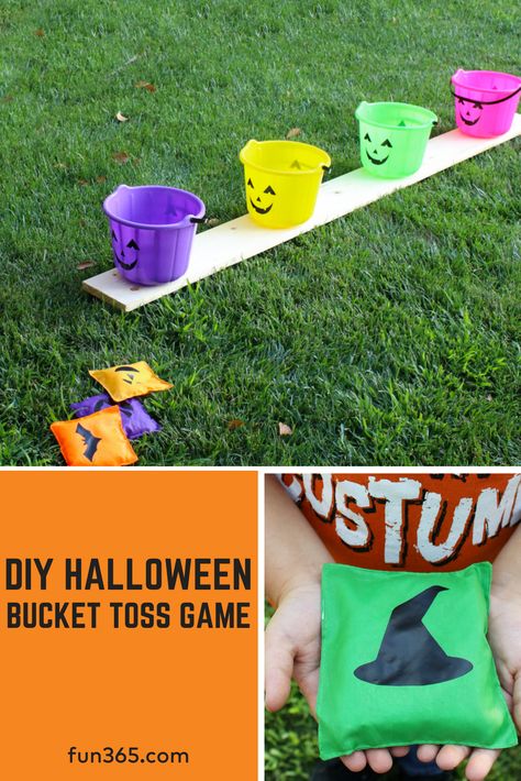 Create your own outdoor Halloween party game with this DIY bucket toss! Here's what you'll need to get started. Halloween Can Knock Down Game, Halloween Festival Activities, Halloween Party Kid Games, Fall Kids Games Outdoor, Kindergarten Fall Party Games, Halloween Yard Games, Diy Fall Festival Games For Kids, Fall Outdoor Games For Kids, Diy Halloween Games For Adults