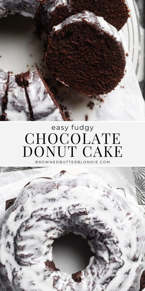 Take all the delicious flavors of a chocolate old fashioned donut and turn them into an easy chocolate donut cake. Perfectly chocolately and topped with a sweet vanilla glaze, this cake is a hit for both breakfast and dessert! | Browned Butter Blondie Glazed Chocolate Donut Bundt Cake, Glaze For Chocolate Cake, Chocolate Cake With Glaze, Chocolate Bundt Cake Recipe Easy, Chocolate Decorating Ideas, Chocolate Milk Cake, Donut Pound Cake, Chocolate Bundt Cake Recipes, Chocolate Cake Donut Recipe