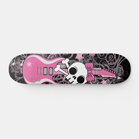 Cute Skull with Pink Guitar Skateboard  Zazzle Skull Skateboard, Skater Guy, Pink Guitar, Skateboard Aesthetic, Skateboard Deck Art, Skateboard Art Design, Cute Skull, Custom Skateboards, Deck Designs