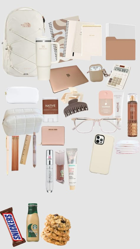 #crem and brown #school Neutral School Supplies Aesthetic, Beige School Supplies, Cute Stuff For School, Clean Girl School Supplies, Winter School Backpack, Neutral School Supplies, Vanilla Girl School Supplies, Aesthetic School Supplies Themes, Brown School Supplies