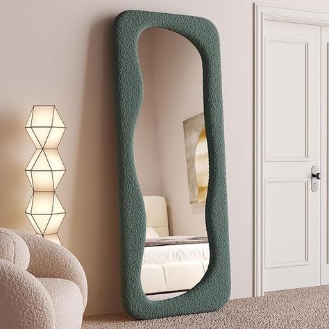 Amazon.com: BOJOY Full Length Mirror, 63" x 24" Wall Mirror, Flannel Wrapped Wooden Frame Floor Mirror, Irregular Wavy Mirror Hanging or Leaning Against Wall for Cloakroom/Bedroom/Living Room, Green : Home & Kitchen Full Length Mirror Design, Wall For Bedroom, Wooden Frame Mirror, Leaning Against Wall, Arched Floor Mirror, Mirror Standing, Pilates Aesthetic, Asymmetrical Mirror, Color Floor