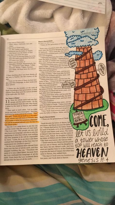 Genesis 11 Bible Journaling, Tower Of Bable, Bible Journaling Genesis, Biblical Drawings, Tower Of Babylon, Scripture Illustration, The Tower Of Babel, Genesis 11, Prayer Journals