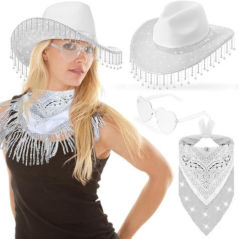 Glitter Cowgirl Hat, Hat With Glasses, Glitter Cowgirl, Rhinestone Cowboy Hat, Bandana Crafts, Rhinestone Cowboy, Cowboy Costume, Cowgirl Costume, Cowgirl Hat