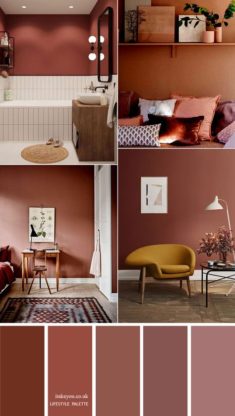 Mauve and Terracotta Color Combinations for Home Decor 1 - I Take You | Wedding Readings | Wedding Ideas | Wedding Dresses | Wedding Theme Cladding Ideas, Color Combinations Home, Modern Hall, Diy Upholstery, Earthy Home, Terracotta Color, Wall Decorating, House Color Palettes, 카페 인테리어 디자인