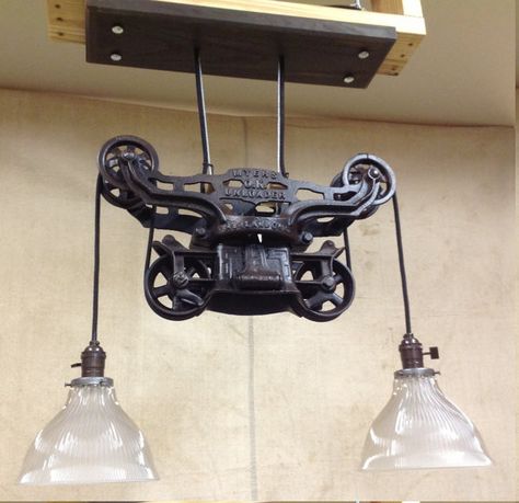 Vintage Hay Trolley Light by PrimmRdDesigns on Etsy, $545.00 Pulley Light, Cabin Lighting, Frame Hangers, Steampunk Lighting, Vintage Industrial Decor, Diy Chandelier, Art Metal, Industrial Lamp, Chandelier Style