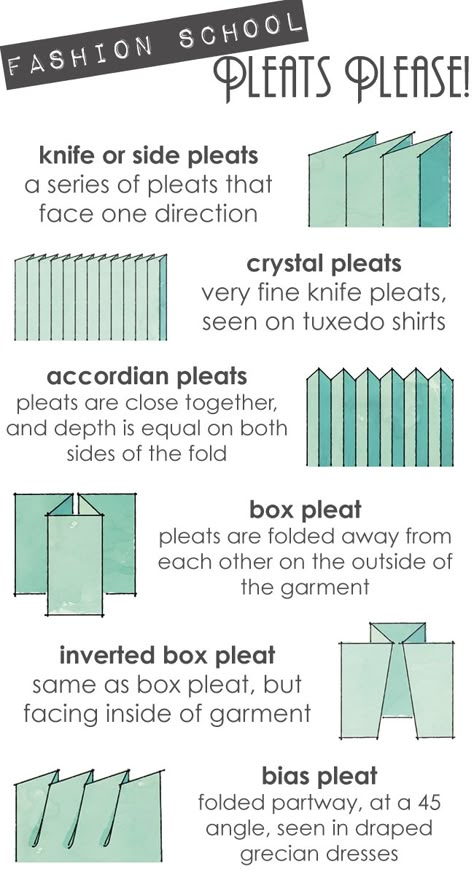 Different Types Of Pleats, Types Of Pleats, Sewing Tips And Tricks, Fashion Vocabulary, Sew Ins, Sewing Lessons, Pattern Drafting, Sewing Skills, Diy Couture