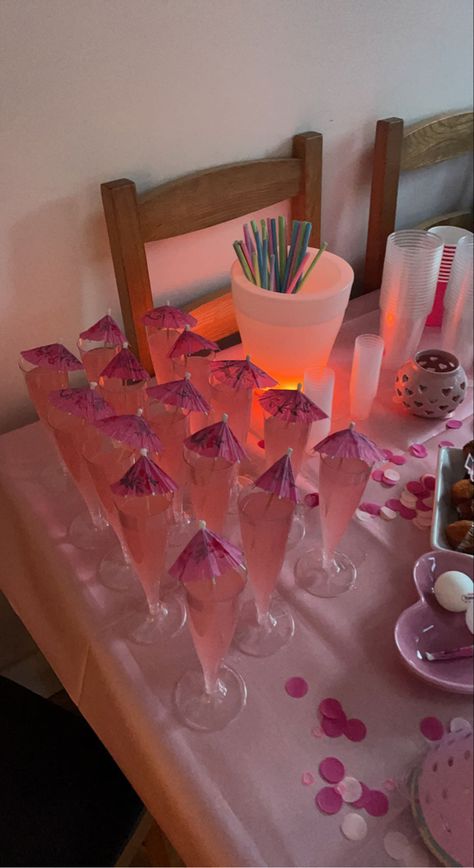 Birthday Drinks Aesthetic, Pink Themed Hotel Party, Sweet 16 At Home Party Ideas Pink, Sweet 16 Party Drinks, Pink Birthday Activities, Pink Themed Drinks, Sweet 16 Drink Ideas, Pink 15th Birthday Party, Pink Out Birthday Party Ideas