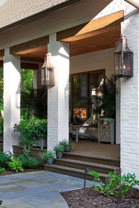 Transitional Entry, Cabin Style Home, Cabin Style Homes, Contemporary Cabin, Shoji White, White Paint Colors, White Brick, Cabin Style, Backyard Patio Designs