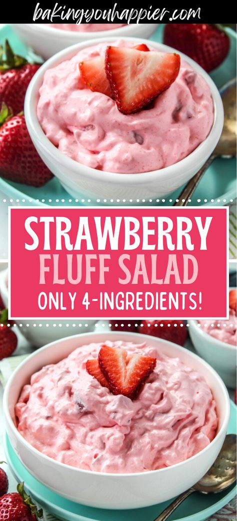 Strawberry Fluff Salad, this easy Strawberry Fluff is a classic summer salad and comes together quickly with only 4-ingredients! Easy Fluff Salad Recipes, Strawberry Fluff Salad, Strawberry Shortcake Fluff Salad, Strawberries And Marshmallow Fluff, Strawberry Fluff Salad Cool Whip, Healthy Strawberry Fluff, Sweet Easy Recipes, Strawberry Salad Recipe, Homemade Slaw