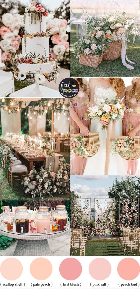 spring wedding, garden wedding idea, garden wedding color, pink and peach garden wedding Peach And Grey Wedding Theme, Blush Palette Wedding, Wedding Ideas Colour Schemes, Sage Green And Blush Pink Wedding Colour Palettes, Peach And Sage Green Wedding Theme, Wedding Themes Peach, Pink Palette Wedding, Garden Wedding Colours, Soft Wedding Palette