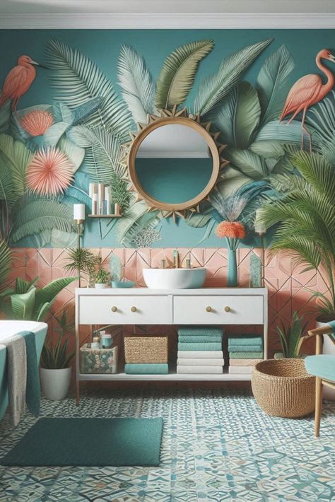 Transform your bathroom into a tropical getaway with vibrant teal and playful coral accents. Vacation vibes all year round. #TropicalBathroom #TealAndCoral Small Room Layout Bedroom, Small Room Layout, Room Layout Bedroom, Layout Bedroom, Small Room Layouts, Small Bathroom Paint, Peach Bathroom, Tropical Bathroom, Bohemian Bathroom