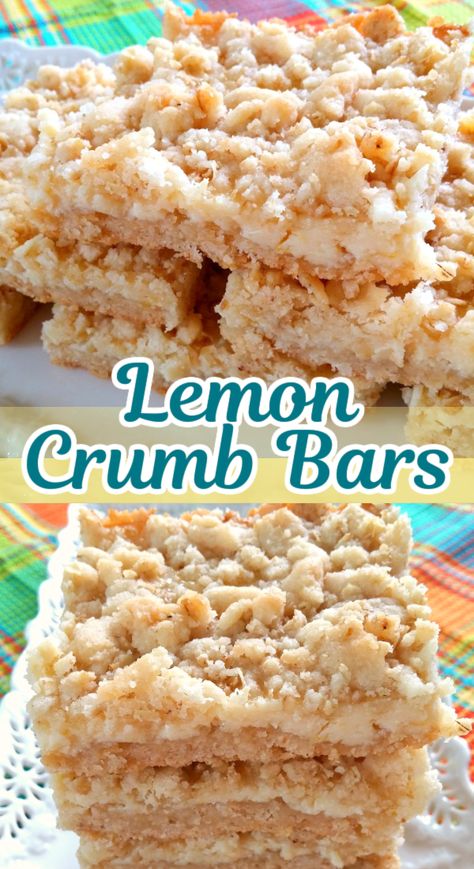 Lemon Crumb Bars! Fresh, creamy lemon filling between crumbly streusel layers made with a rolled oat shortbread is the perfect combo of sweet and tart in this refreshing crumb bar recipe. Lemon Crumb Bars, Smothered Chicken Casserole, Lemon Crumble, South Your Mouth, Easy Bar Recipes, Peanut Butter Oatmeal Bars, Crumb Bars, Lemon Dessert Recipes, Crumble Bars