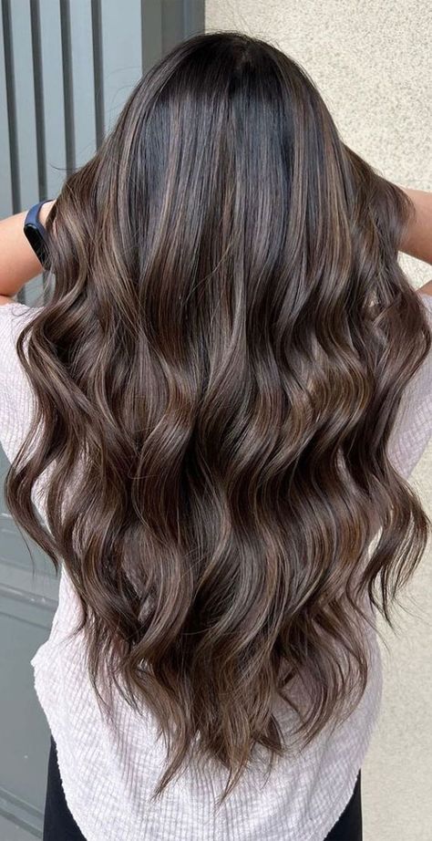 Nice Brunette Hair Colors, Summer Hair Dark Brown, Highlights For Really Dark Brown Hair, Long Dark Hair With Lowlights, Coffee Balayage Brunette Hair, Layered Brunette Hair Medium, Brown On Brown Hair, Balayage For Dark Brown Hair Summer, Brunette Dark Balayage Hair