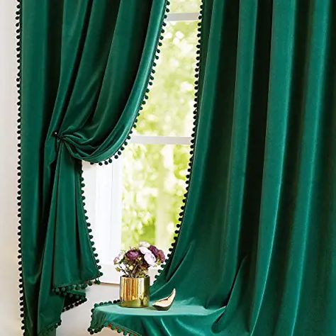 Dark Green Drapes, Emerald Green Curtains, Pom Pom Curtains, Country Style Curtains, Green Drapes, Long Living Room, Window Curtains Bedroom, Boy Girl Bedroom, Dark Panels