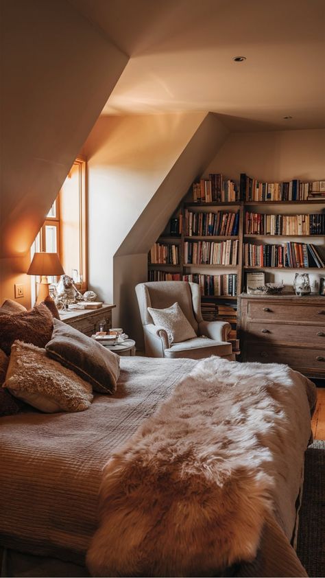 Cozy bedroom with a large bed, plush blankets, a reading chair, and a bookshelf filled with books. Cozy Bedroom Books, Hygge Bedroom Aesthetic, Tiny Cozy Bedroom, Big Cozy Bedroom, Autumn Room Aesthetic, Home Cozy Aesthetic, Cozy Warm Bedroom, Warm Cozy Bedroom, Bookish Bedroom