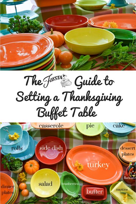 The Fiesta Guide to Setting a Thanksgiving Buffet Table from the Fiesta blog at www.alwaysfestive.com. Thanksgiving Buffet Table, Fiesta Ware Dishes, Thanksgiving Buffet, Colorful Plates, Fiesta Kitchen, Fiesta Table, Salsa Bowls, Thanksgiving Prep, Fruit Salsa