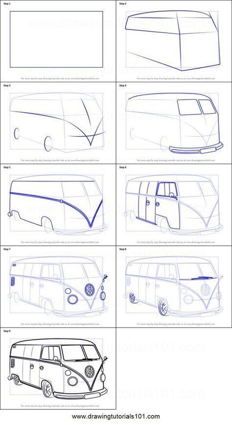 Volkswagen Bus Art, Van Drawing, Car Drawing Pencil, Bus Drawing, Bus Art, Vw Art, Perspective Drawing Lessons, Drawing Sheet, 강아지 그림