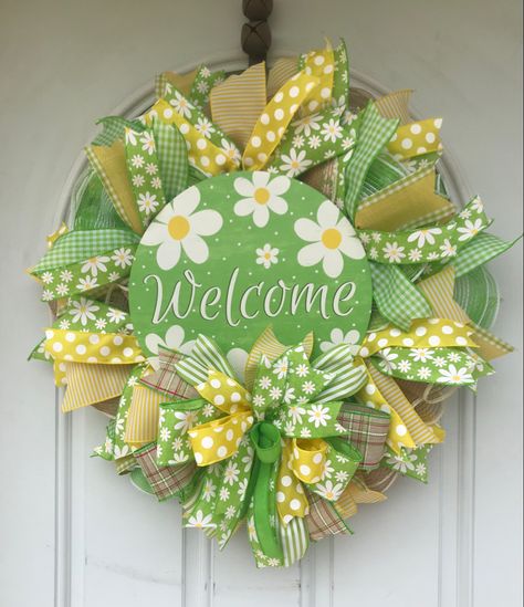 It is of yellow & lime green color. Has a 10” green sign with white daisies on it. The sign says Welcome. Pancake Wreath, Wreath Frames, Wreath Maker, Storm Door, Welcome Wreath, Deco Mesh Wreaths, Wire Work, Mesh Wreaths, Deco Mesh