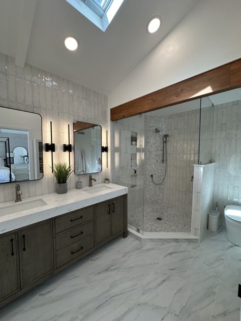 Look at our before and after master bathroom remodel. Master Bath Layout, Restroom Ideas, Master Remodel, Bathroom Dark, Master Bath And Closet, Grey Floor Tiles, Master Bathrooms, Makeover Before And After, Contemporary Bathroom Designs