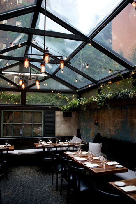 Greenhouse Restaurant, Outdoor Restaurant, Glass Roof, Restaurant Interior Design, West Village, The Ceiling, Restaurant Interior, Cafe Interior, Cafe Design